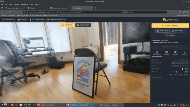 NeRFStudio web browser visualizer showing a nerfacto model trained on the poster scene