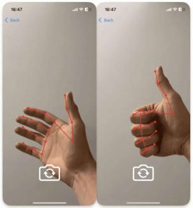 Example of hand pose detection using iPhone camera