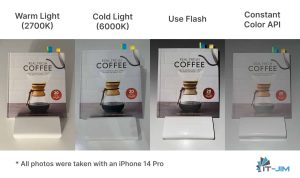 Four images of the same coffee package by using different camera settings