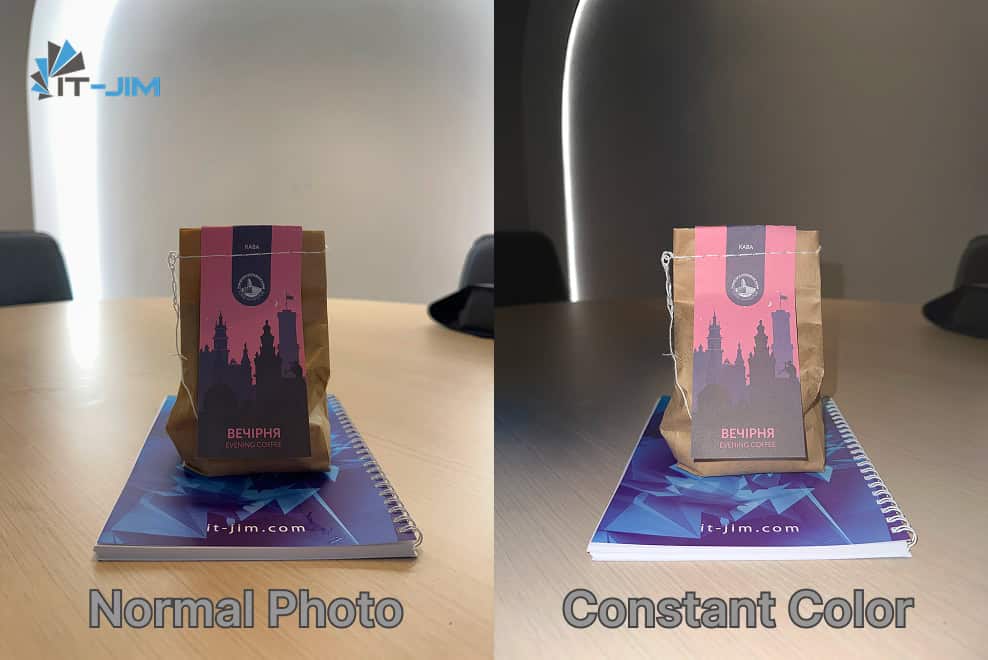 Interactive demo example comparing a normal photo and a constant photo of a coffee package