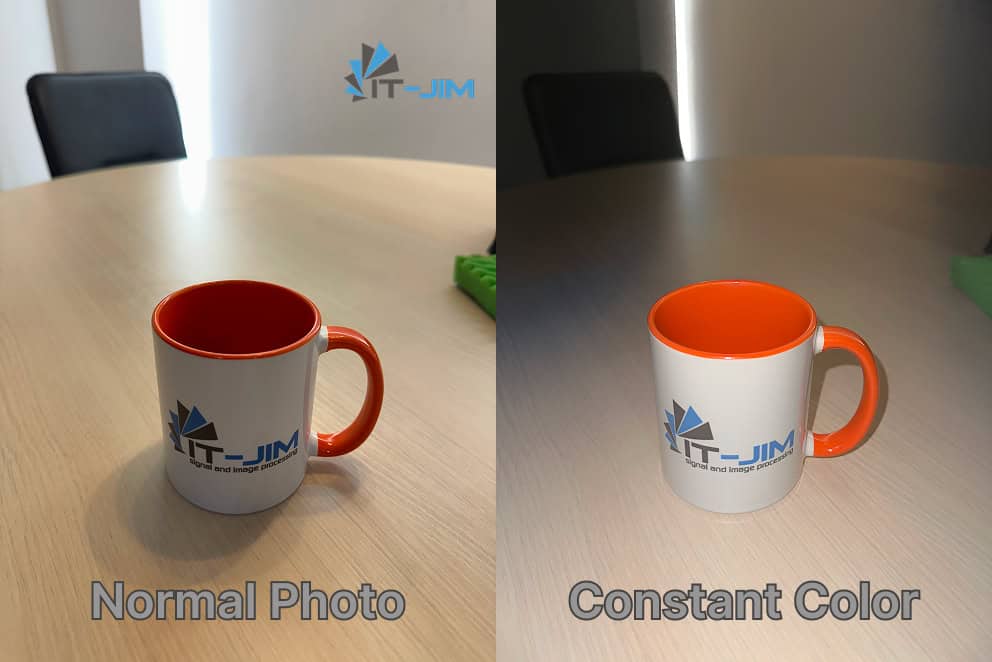 Interactive demo example comparing a normal photo and a constant photo of a cup with the It-Jim logo